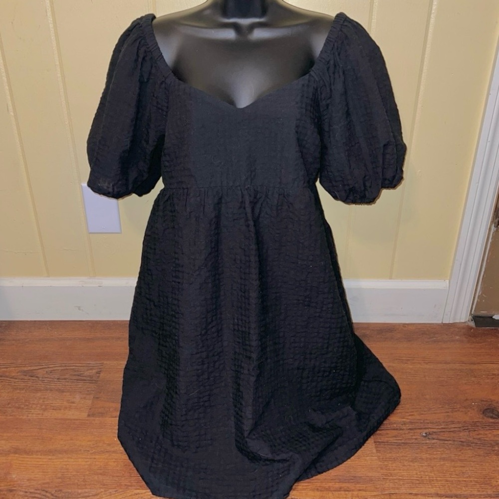Old Navy Black Smocked Puff Sleeve Y2K Casual Chic Fit & Flare Mini Dress Size S - Picture 7 of 10